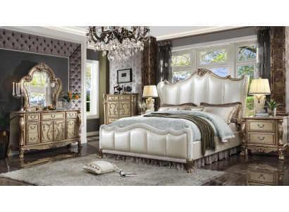 Chesterfield Set 3-Piece Suite Bed + 2x Bedside Tables Baroque Style Bedroom