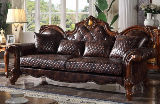 Carved Baroque Living Room Furniture Sofa Leather Couch Three-Seater Seat