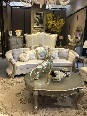 Round sofa, wood carved four-seater couch, leather Chesterfield living.