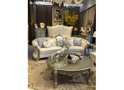 Round sofa, wood carved four-seater couch, leather Chesterfield living.