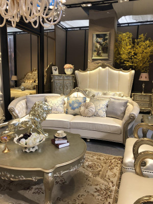 Round sofa, wood carved four-seater couch, leather Chesterfield living.