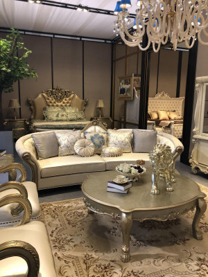 Round sofa, wood carved four-seater couch, leather Chesterfield living.