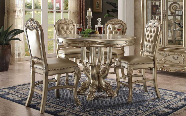 Classic Round Golden Dining Table Set Chesterfield Dining Room with 4 Chairs 5-Piece Suite