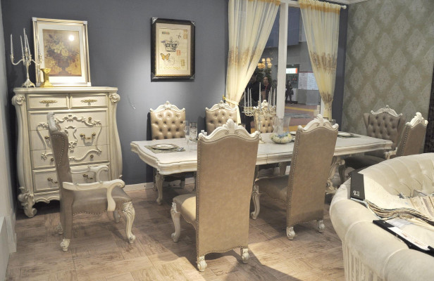 Antique white dining room set large dining table with leather Chesterfield chairs