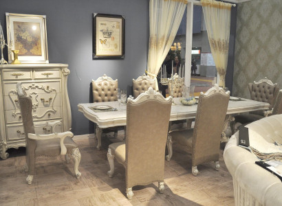 Antique white dining room set large dining table with leather Chesterfield chairs