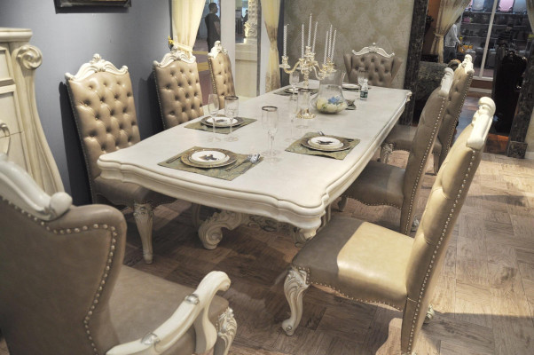 Antique white dining room set large dining table with leather Chesterfield chairs