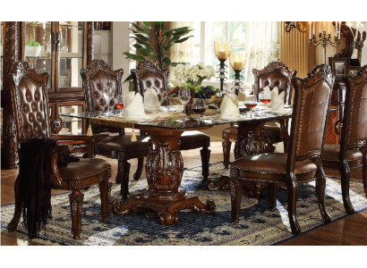 Brown classic dining table with leather Chesterfield chairs 7-piece set