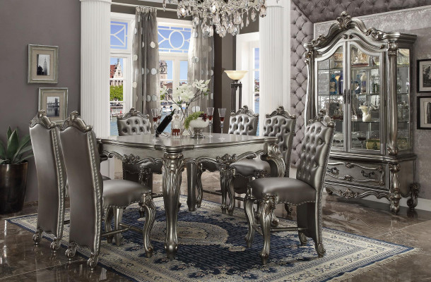 Gray classic rectangular dining table with 8x Chesterfield wood leather chairs