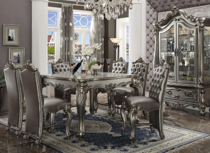 Gray classic rectangular dining table with 8x Chesterfield wood leather chairs