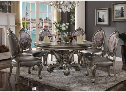 Design round table with 6 chairs, dining room seating, round upholstered table set.