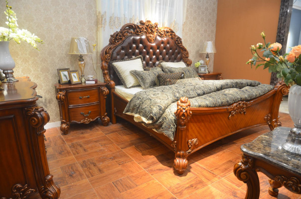 Bedroom set bed + 2x nightstand Chesterfield wood leather beds upholstery
