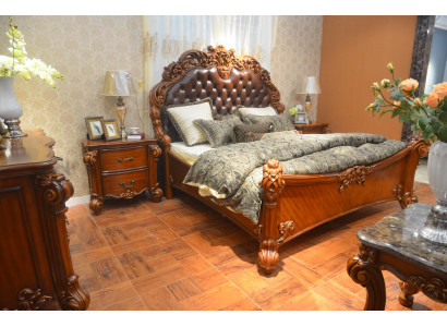 Bedroom set bed + 2x nightstand Chesterfield wood leather beds upholstery