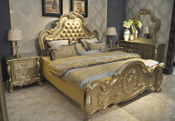 Bed upholstered bed luxury double bedroom baroque wood leather beds
