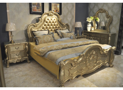 Bed upholstered bed luxury double bedroom baroque wood leather beds
