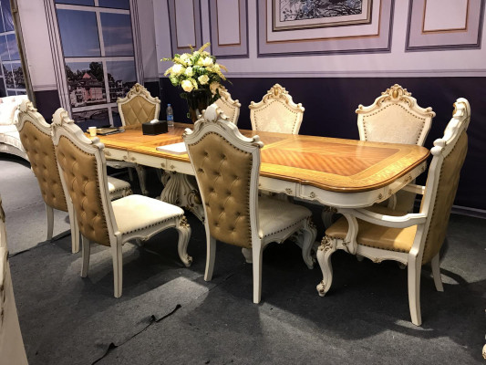 White and brown dining room set, large dining table with leather chairs