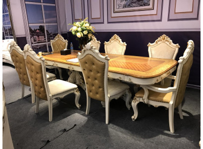 White and brown dining room set, large dining table with leather chairs