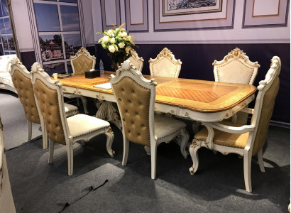 White and brown dining room set, large dining table with leather chairs