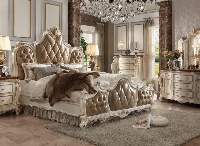 Bedroom set bedside tables bed 5-piece Rococo Baroque antique style wood bed