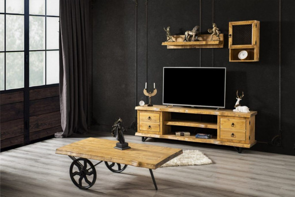 Real Wood Living Room Wall Luxury in Brown with Rustic Coffee Table on Wheels Cabinet