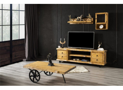Real Wood Living Room Wall Luxury in Brown with Rustic Coffee Table on Wheels Cabinet