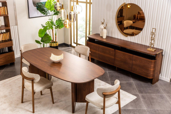 Dining group, dining nook, dining room, dining table, chairs, brown, sideboard, 9-piece set.