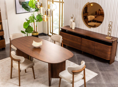 Dining group, dining nook, dining room, dining table, chairs, brown, sideboard, 9-piece set.