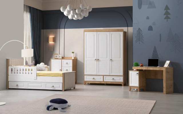 Luxury children's room set consists of bed, wardrobe, dresser, table, 4-piece.