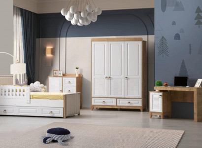 Modern children's room set: bed, wardrobe, dresser, desk, bright.