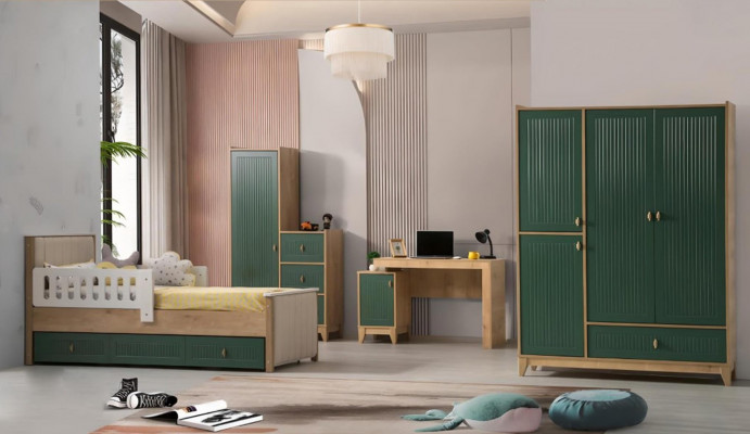 Children's room set consists of bed + two wardrobes + desk, 4-piece set.