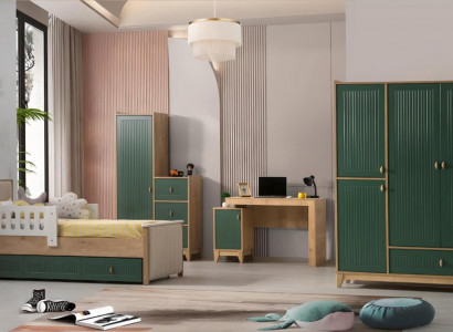 Children's room set consists of bed + two wardrobes + desk, 4-piece set.