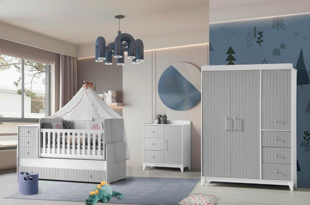 Complete set for children's room: dresser, wardrobe, children's bed, gray color