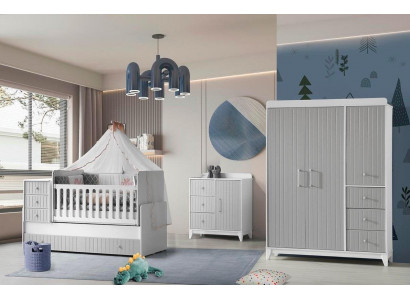 Complete set for children's room: dresser, wardrobe, children's bed, gray color