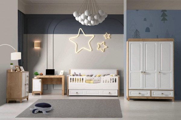 Children's room set bed wardrobe dresser desk white 4-piece