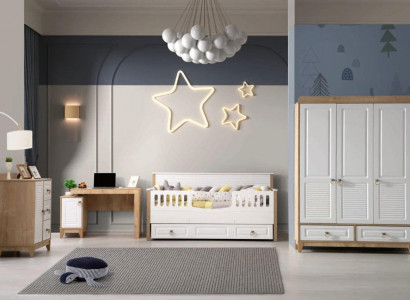 Children's room set bed wardrobe dresser desk white 4-piece