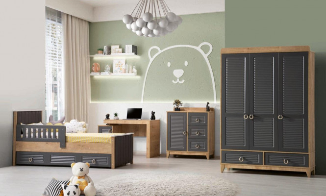 Complete Children's Furniture Kid's Bed Wood Furniture Set 4-piece Children's Room Gray