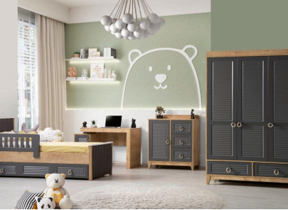 Complete Children's Furniture Kid's Bed Wood Furniture Set 4-piece Children's Room Gray