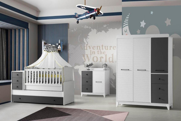 Modern children's room set consists of a children's bed, wardrobe, and dresser, 3 pieces, new.