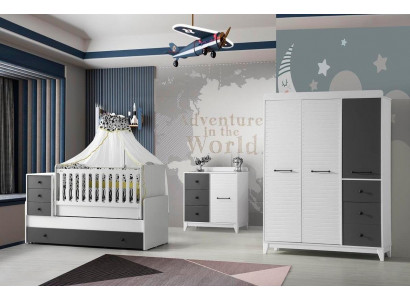 Modern children's room set consists of a children's bed, wardrobe, and dresser, 3 pieces, new.