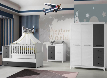 Modern children's room set consists of a children's bed, wardrobe, and dresser, 3 pieces, new.