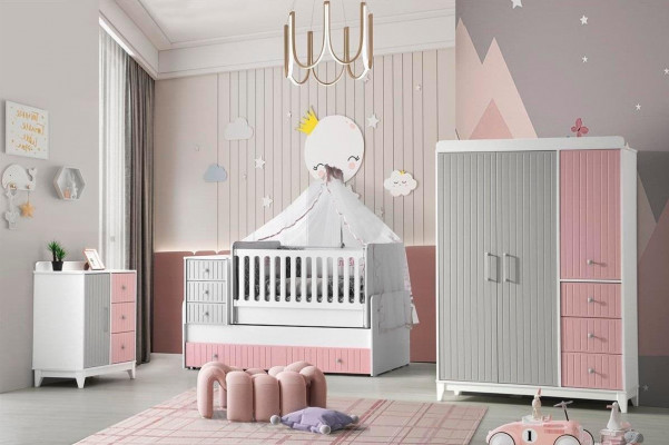 Luxurious children's room set 3-piece stylish dresser wardrobe bed multicolored