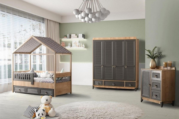 Gray Youth Room Set Children's Room Dresser, Wardrobe, and Bed 3-piece.