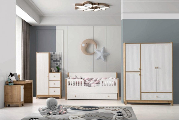 Stylish children's room set bed, 2x wardrobe, desk, white, 5-piece