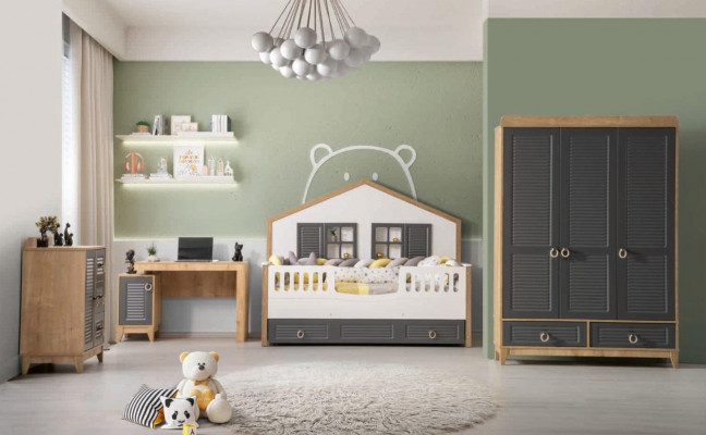 Luxurious Complete Children's Furniture Bed Wood Set 4-piece Children's Room Gray