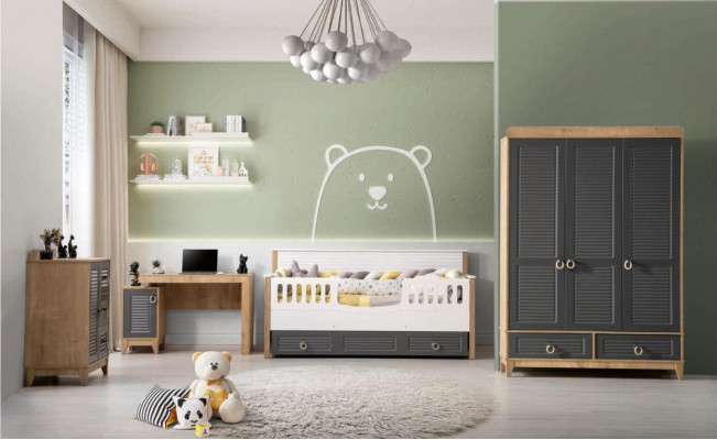 Luxurious children's furniture set nursery children's bed gray wood set 4-piece