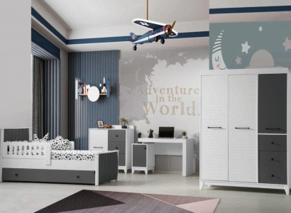 Modern children's room set consists of bed, wardrobe, chest of drawers, table, 4-piece set.
