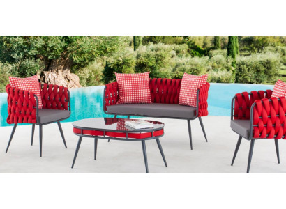 Red garden set luxury seating furniture table sofa patio couch 4-piece set.