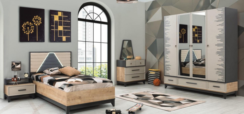 Children's room set: Bed, wardrobe, brown wood, youth bed, 5-piece furniture set