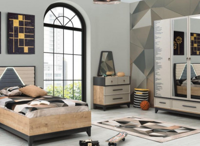Children's room set: Bed, wardrobe, brown wood, youth bed, 5-piece furniture set