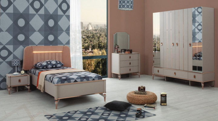 Youth bed children's furniture children's bed complete beige wood set 5-piece modern