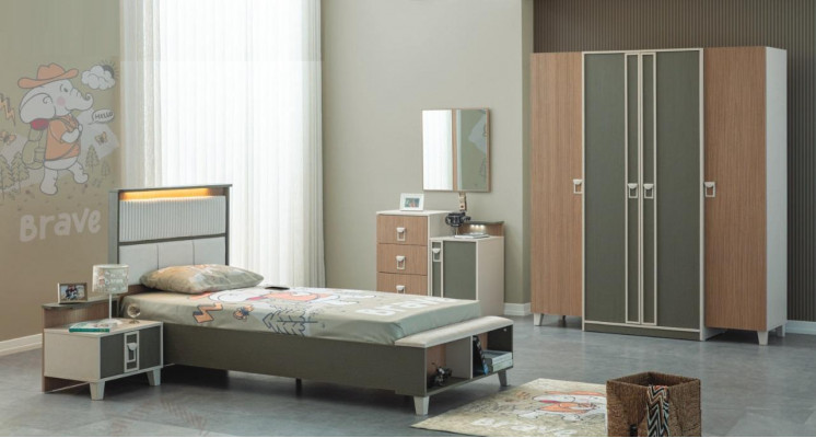 Modern Complete Children's Furniture Kids Bed Gray Wood Set 5-piece Nightstand